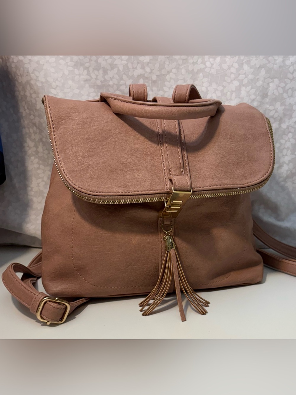 Miztique Blush Pink Vegan Leather Fashion Backpack Gold Hardware Tassel Accent
